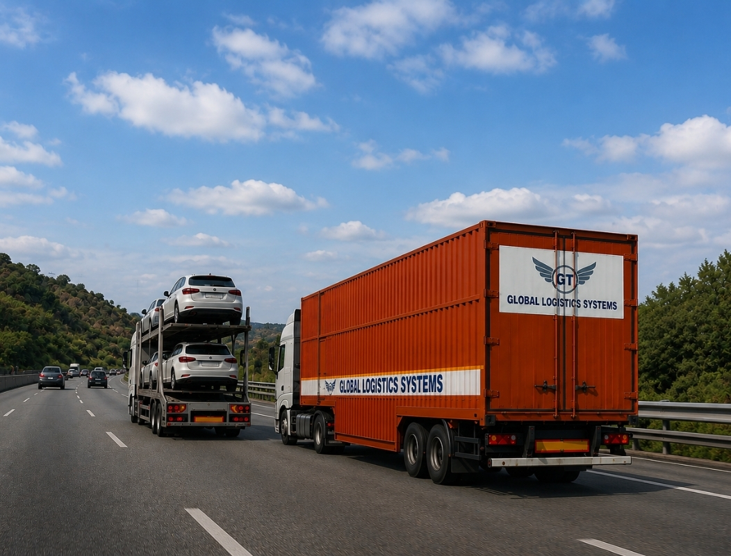 Global Group hydraulic car carrier loaded with finished vehicles