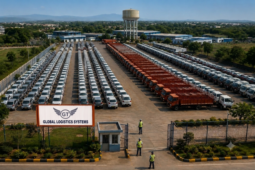 Aerial view of a large finished-vehicle stockyard